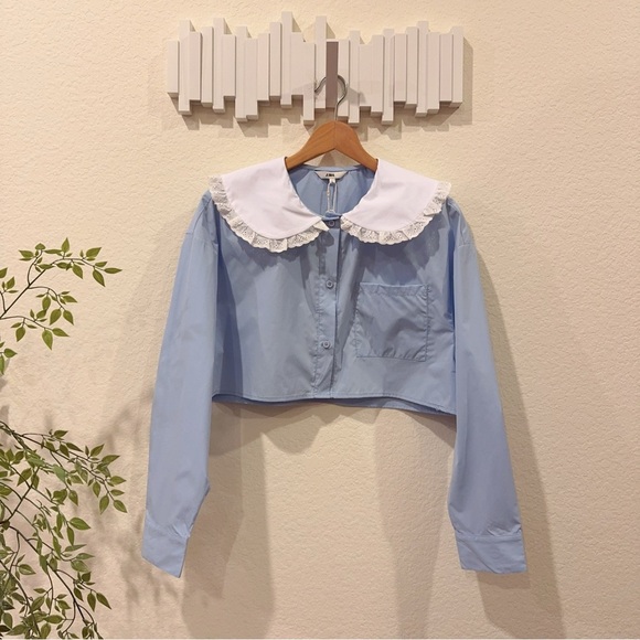 J.ING Blue with White Collar Button Down Long Sleeve Crop Shirt Top Size L NWT - Picture 3 of 10